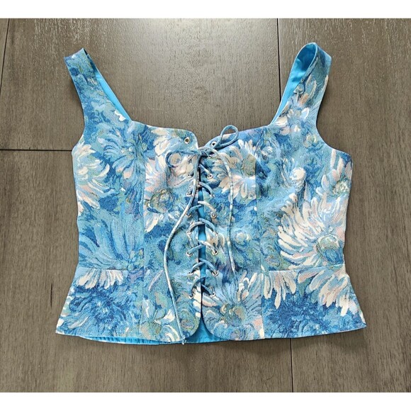 Love Scarlett Tops - Scarlett Darkness Blue Floral Lace Up Corset M Renaissance Peasant Bodice Fairy